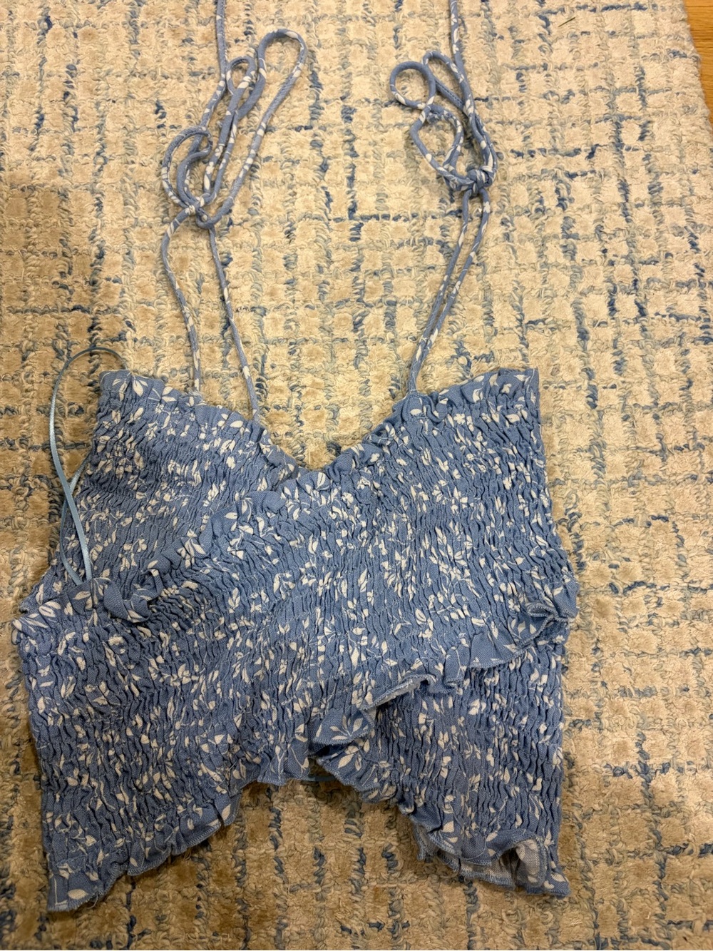 Blue Smocked Floral Tie-Shoulder Cami Top